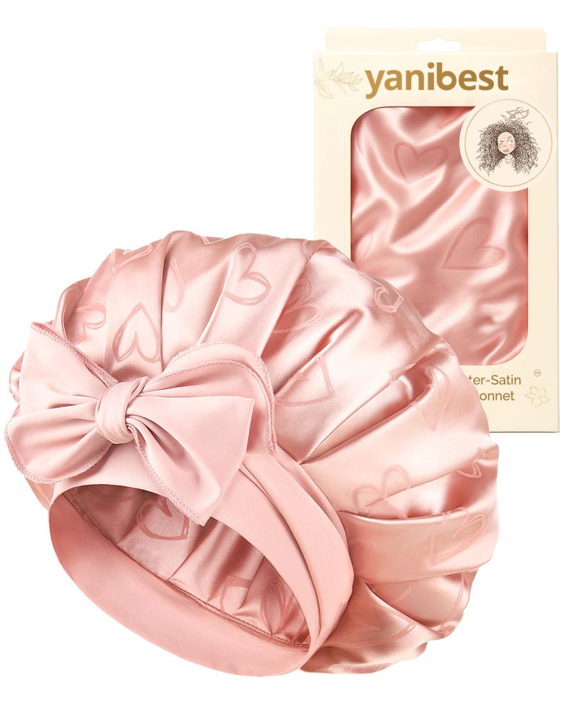 YANIBEST Adjustable Satin Bonnet for Sleeping Double Layer Silk Bonnet with Tie Band for Women Sleep Cap Curly Natural Hair Pink
